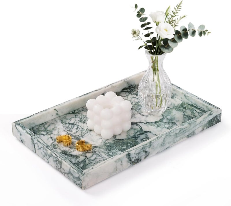 Homaura Marble Bathroom Tray for Countertop & Home Decor, Natural Decorative Marble Tray for Jewelry & Perfume Organizer, Luxury Stone Vanity Trays for Dresser, Kitchen Counter, 12" x 8", Jade Green - Image 1